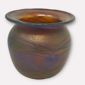 Donald Carlson Heart Art Glass Vase Iridescent Lustre Amber Signed 1970s